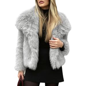 Yimoon Womens Faux Fur Coat Lapel Open Front Fluffy Shaggy Jacket Winter Warm Furry Overcoat(Lightgrey)