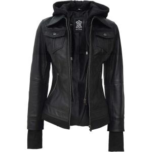 fjackets Hooded Leather Bomber Jacket Women – Real Lambskin Womens Leather Jacket with Removable Hood(Betty Hooded Black Lether Jacket)