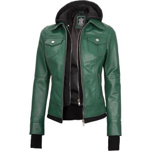 fjackets Hooded Leather Bomber Jacket Women – Real Lambskin Womens Leather Jacket with Removable Hood(Betty Hooded Green Lether Jacket)