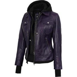 fjackets Hooded Leather Bomber Jacket Women – Real Lambskin Womens Leather Jacket with Removable Hood(Betty Hooded Purple Lether Jacket)