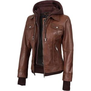 fjackets Hooded Leather Bomber Jacket Women – Real Lambskin Womens Leather Jacket with Removable Hood(Tralee Hooded Cognac Leather Jacket)