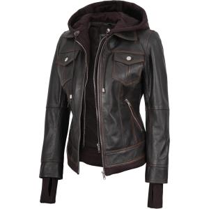 fjackets Hooded Leather Bomber Jacket Women – Real Lambskin Womens Leather Jacket with Removable Hood(Tralee Hooded Ruboff Leather Jacket)
