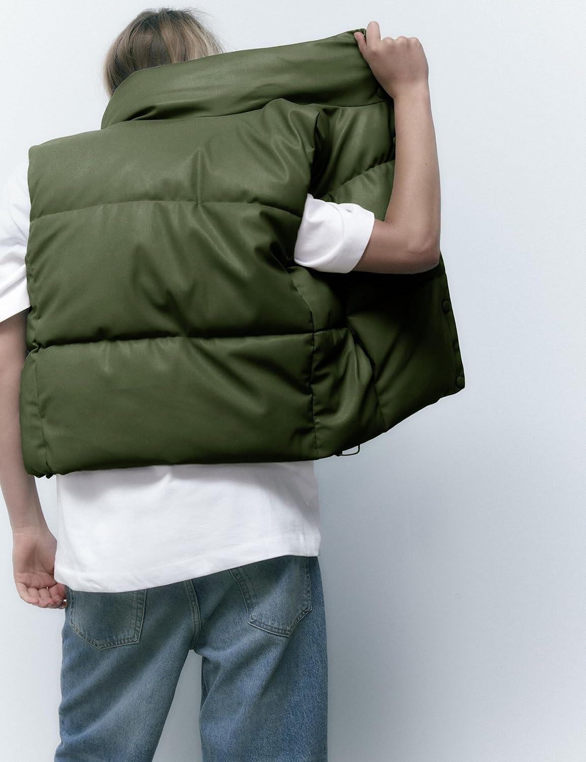 imageAiloqing Womens Faux Leather Puffer Vest Zip Up Sleeveless Winter Cropped JacketArmygreen