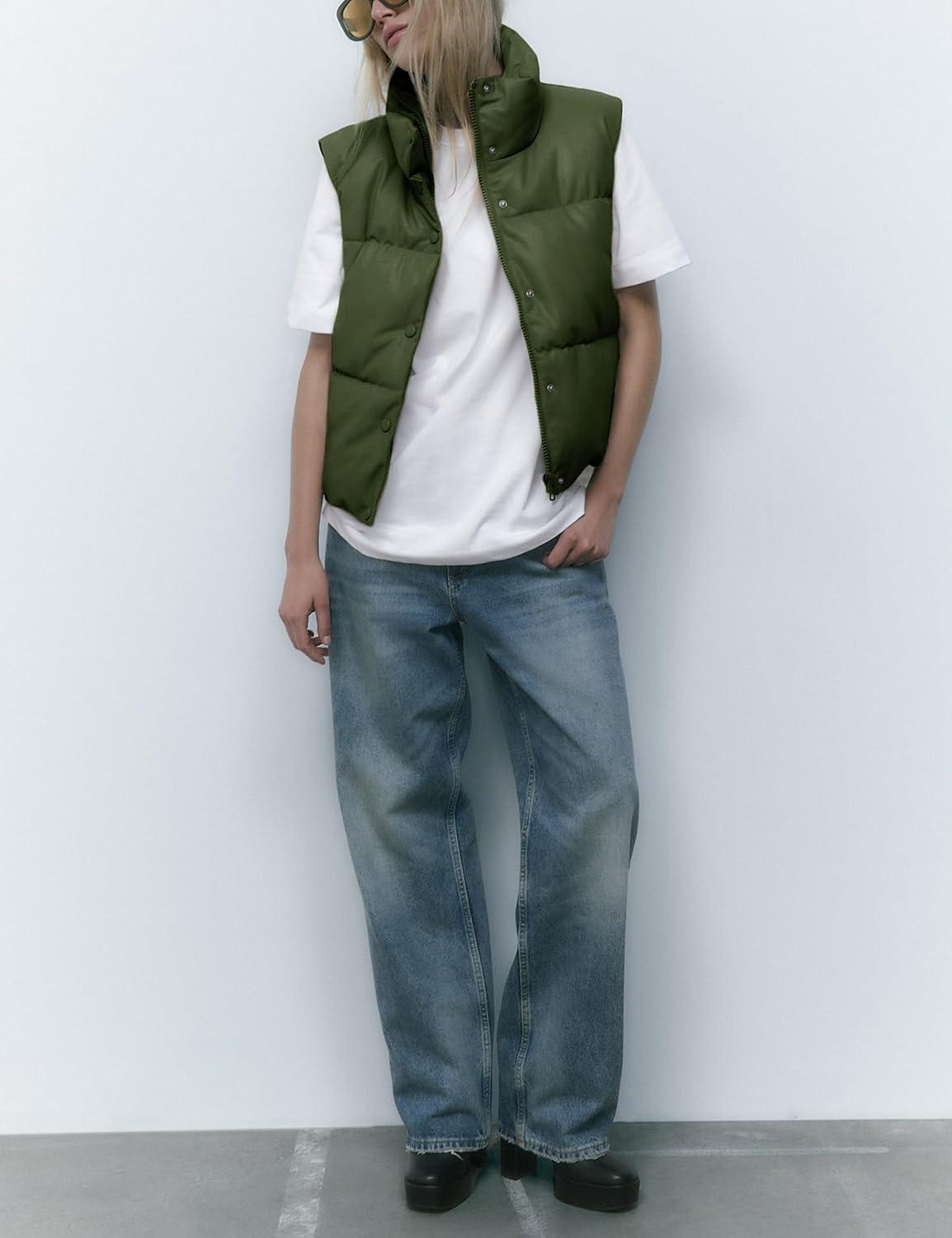 imageAiloqing Womens Faux Leather Puffer Vest Zip Up Sleeveless Winter Cropped JacketArmygreen