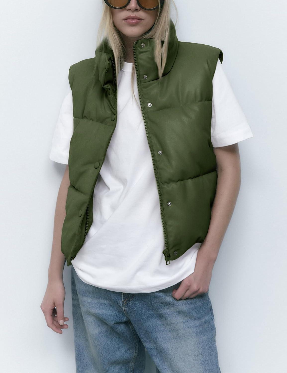 imageAiloqing Womens Faux Leather Puffer Vest Zip Up Sleeveless Winter Cropped JacketArmygreen