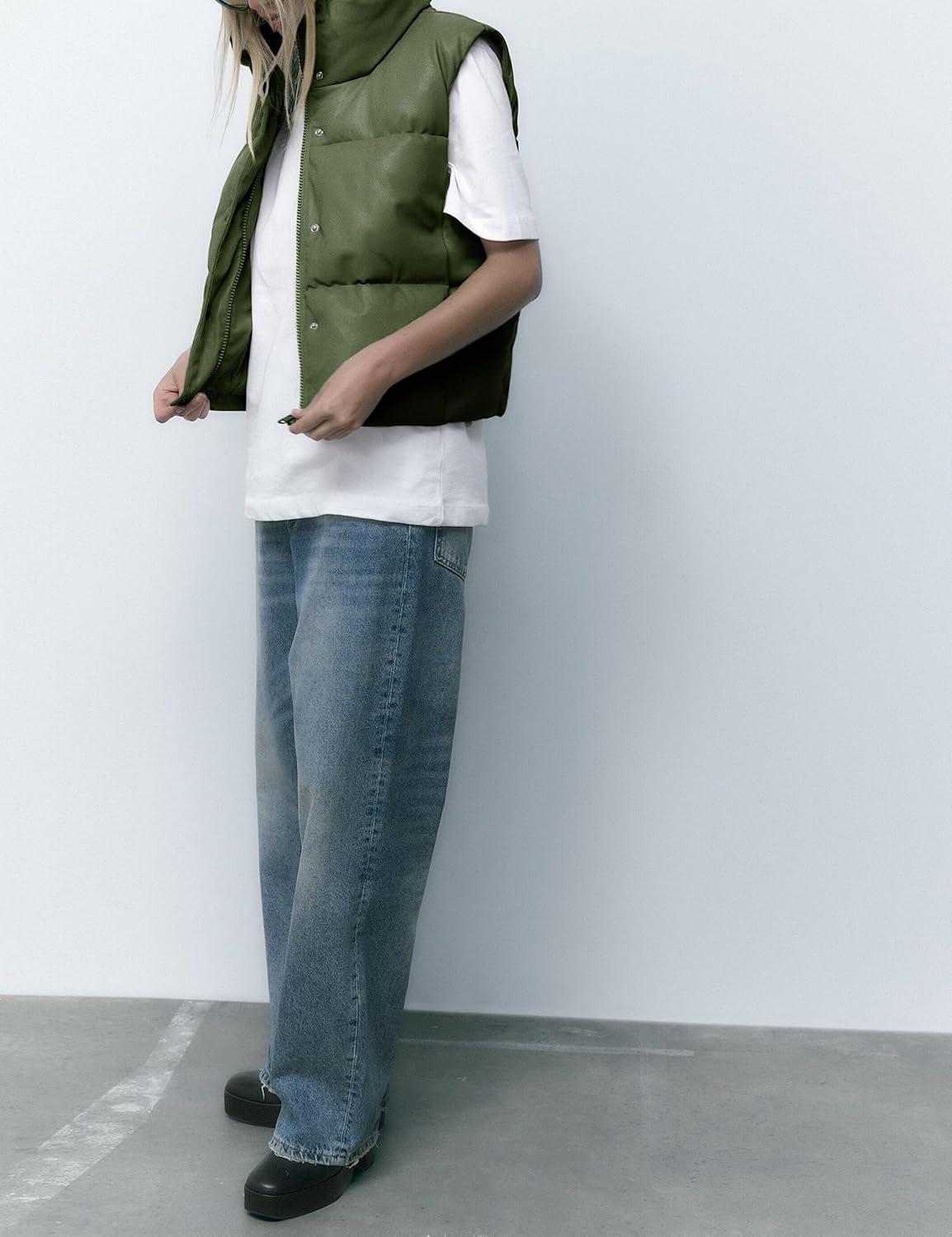 imageAiloqing Womens Faux Leather Puffer Vest Zip Up Sleeveless Winter Cropped JacketArmygreen