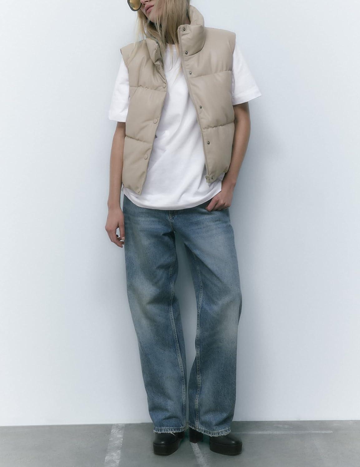 imageAiloqing Womens Faux Leather Puffer Vest Zip Up Sleeveless Winter Cropped JacketBeige