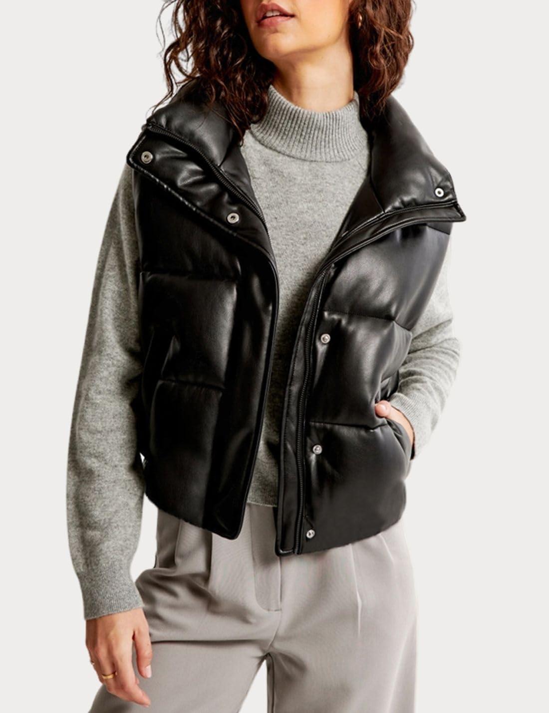 imageAiloqing Womens Faux Leather Puffer Vest Zip Up Sleeveless Winter Cropped JacketBlack