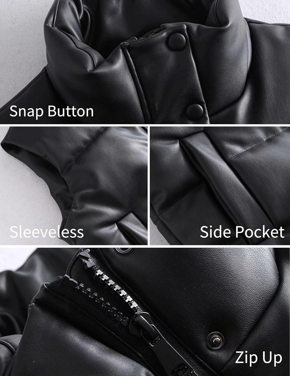 imageAiloqing Womens Faux Leather Puffer Vest Zip Up Sleeveless Winter Cropped JacketBlack