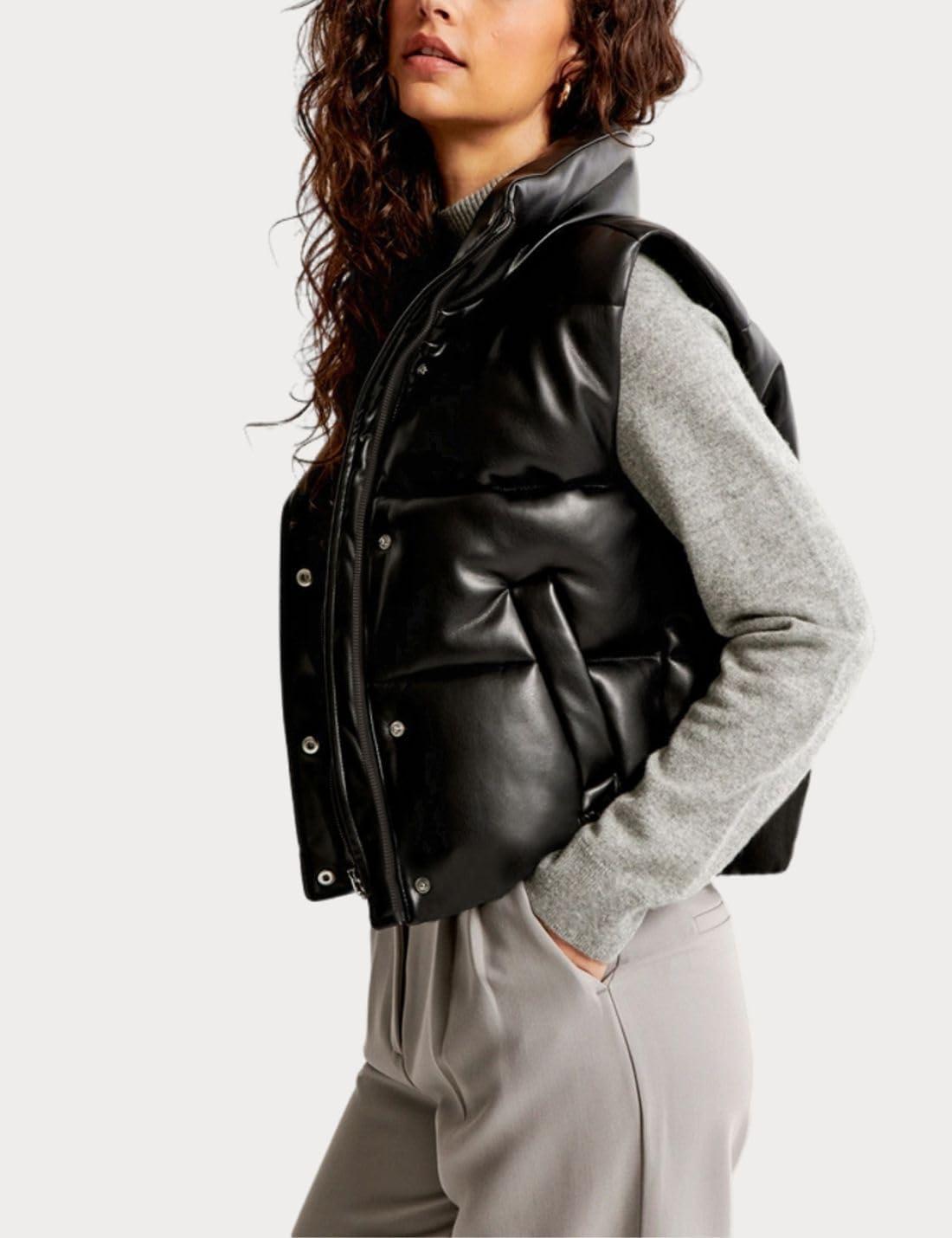 imageAiloqing Womens Faux Leather Puffer Vest Zip Up Sleeveless Winter Cropped JacketBlack
