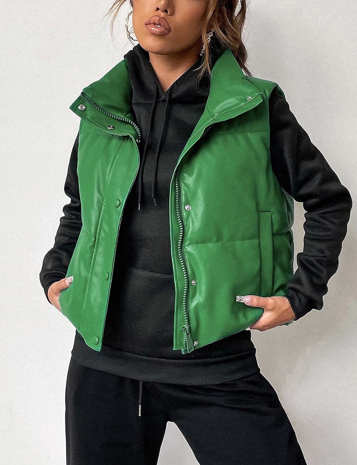 imageAiloqing Womens Faux Leather Puffer Vest Zip Up Sleeveless Winter Cropped JacketGreen