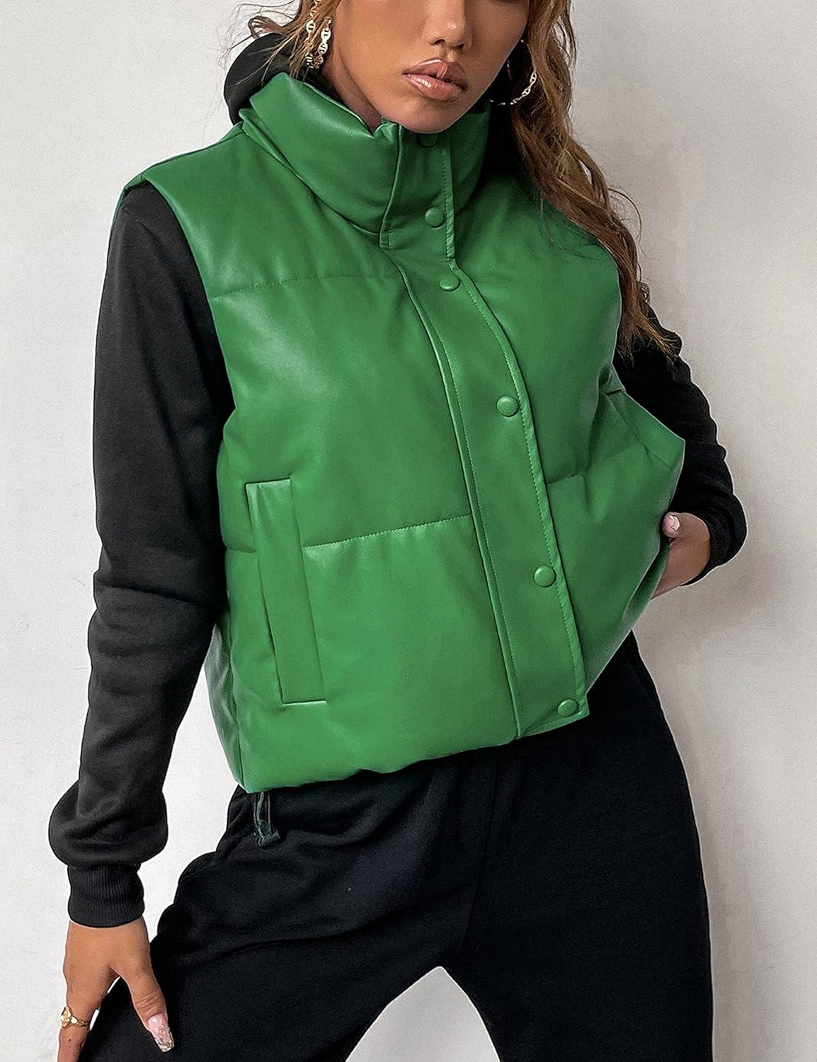 imageAiloqing Womens Faux Leather Puffer Vest Zip Up Sleeveless Winter Cropped JacketGreen