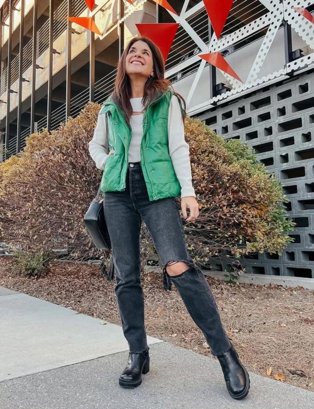 imageAiloqing Womens Faux Leather Puffer Vest Zip Up Sleeveless Winter Cropped JacketGreen