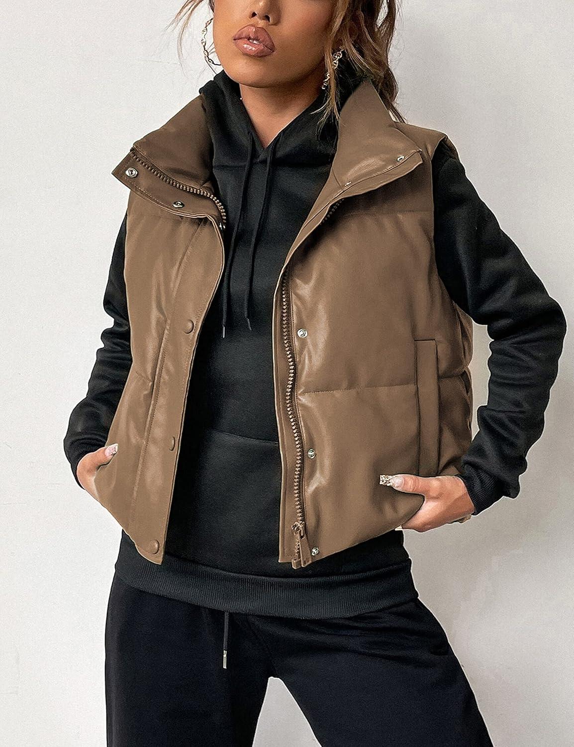 imageAiloqing Womens Faux Leather Puffer Vest Zip Up Sleeveless Winter Cropped JacketKhaki