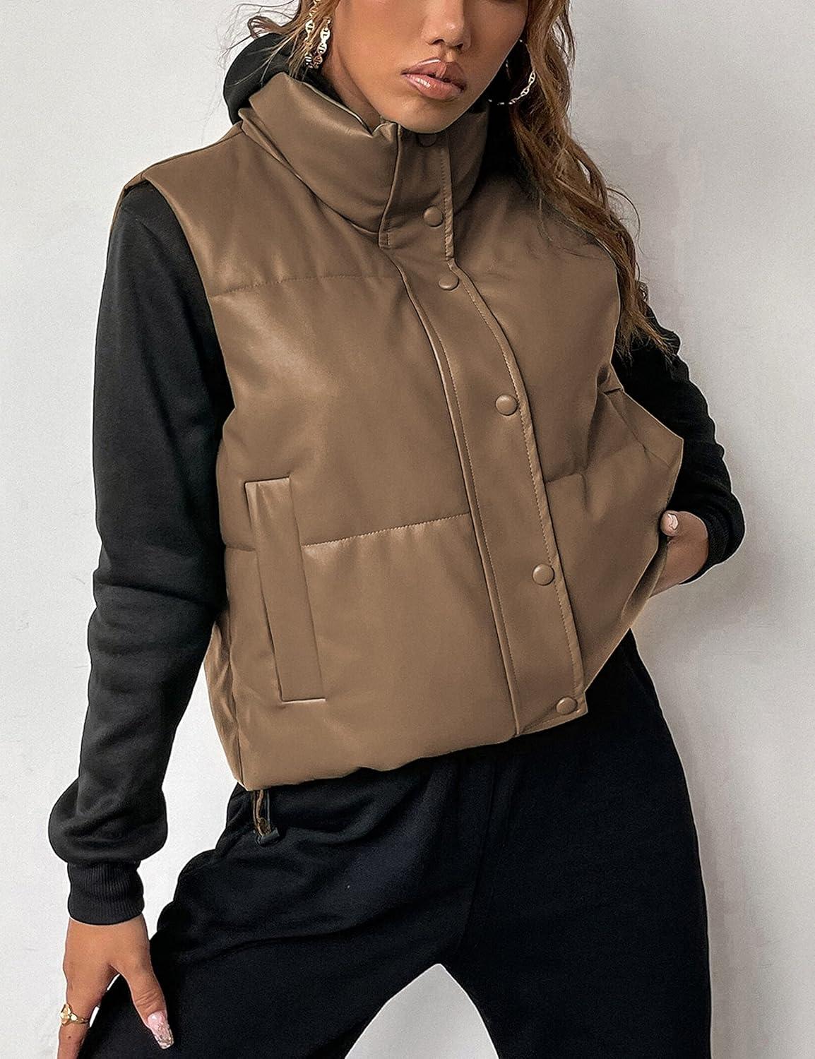 imageAiloqing Womens Faux Leather Puffer Vest Zip Up Sleeveless Winter Cropped JacketKhaki