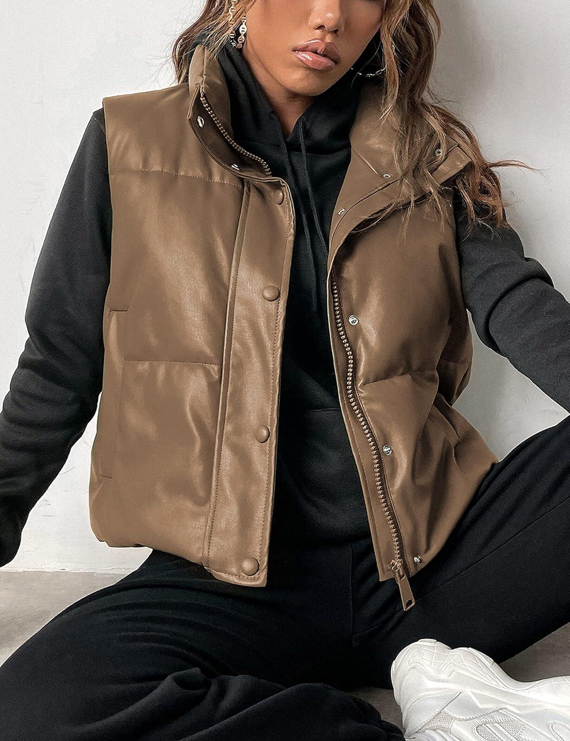 imageAiloqing Womens Faux Leather Puffer Vest Zip Up Sleeveless Winter Cropped JacketKhaki