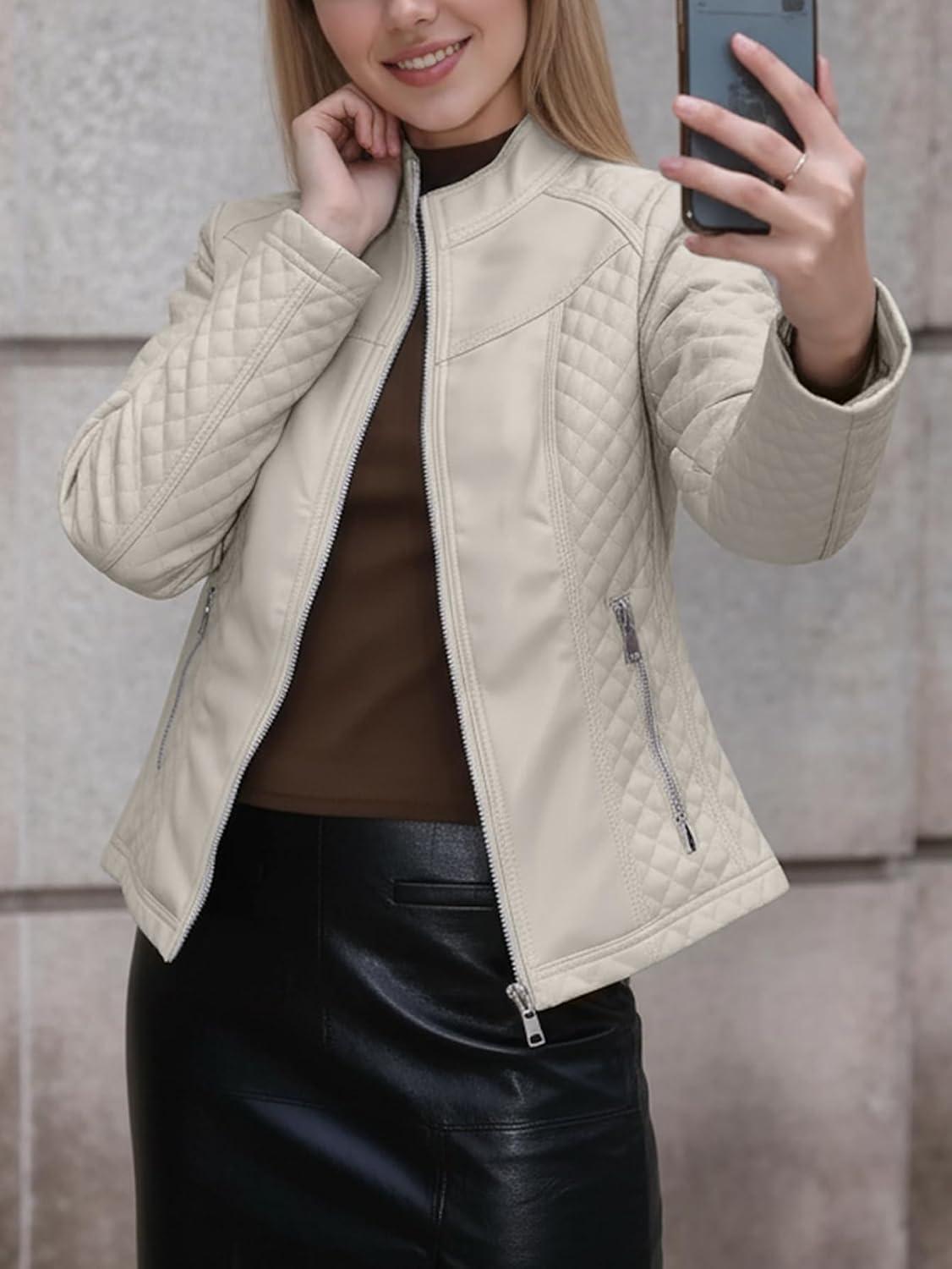 imageBellivera Faux Leather Jacket Women Motorcycle Zipper Bomber PU Bike Coat with PocketsBeige Casual Jacket
