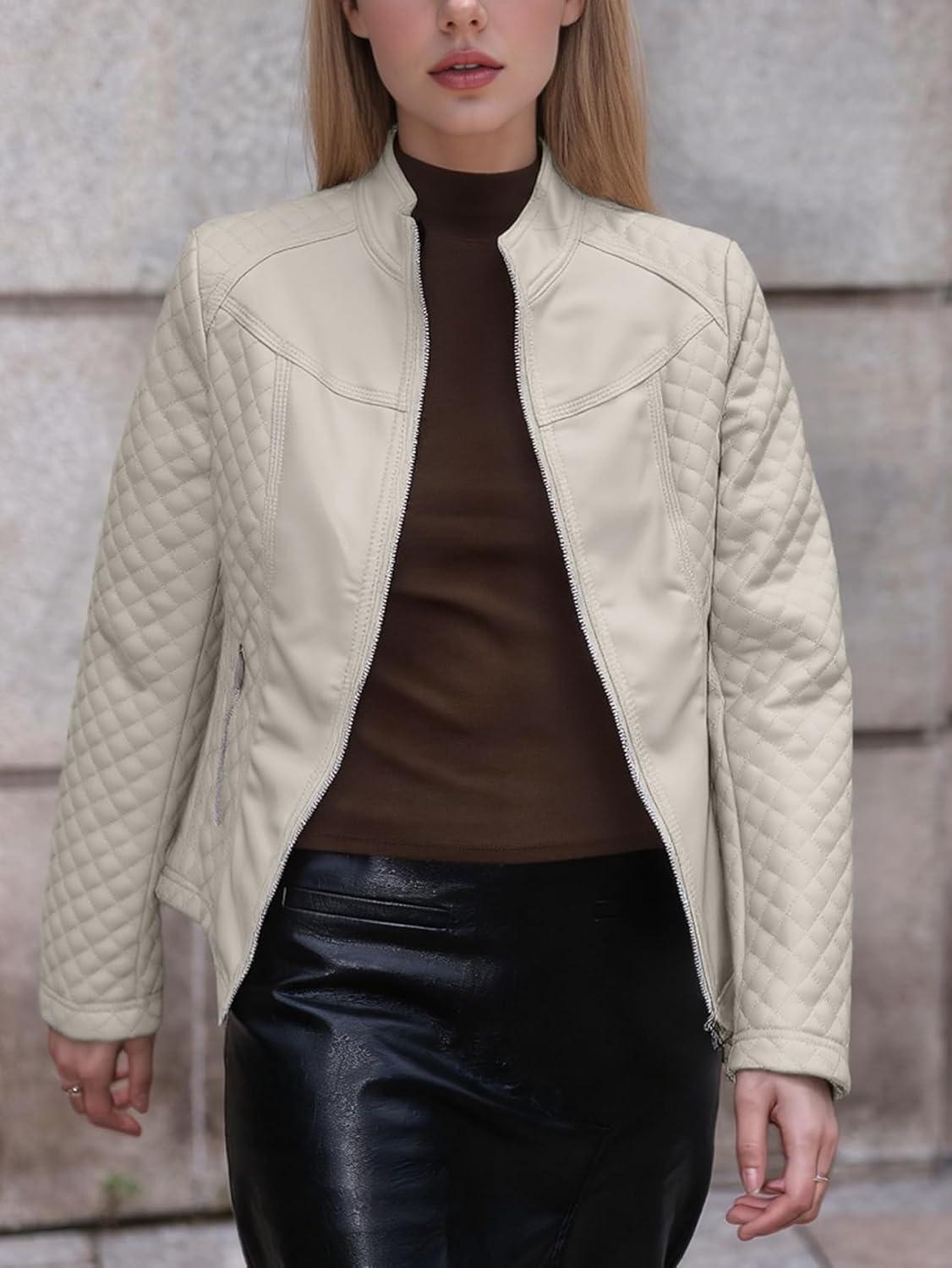 imageBellivera Faux Leather Jacket Women Motorcycle Zipper Bomber PU Bike Coat with PocketsBeige Casual Jacket