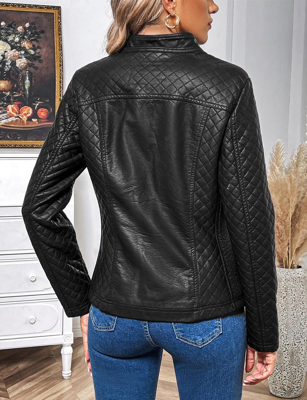 imageBellivera Faux Leather Jacket Women Motorcycle Zipper Bomber PU Bike Coat with PocketsBlack Casual Jacket