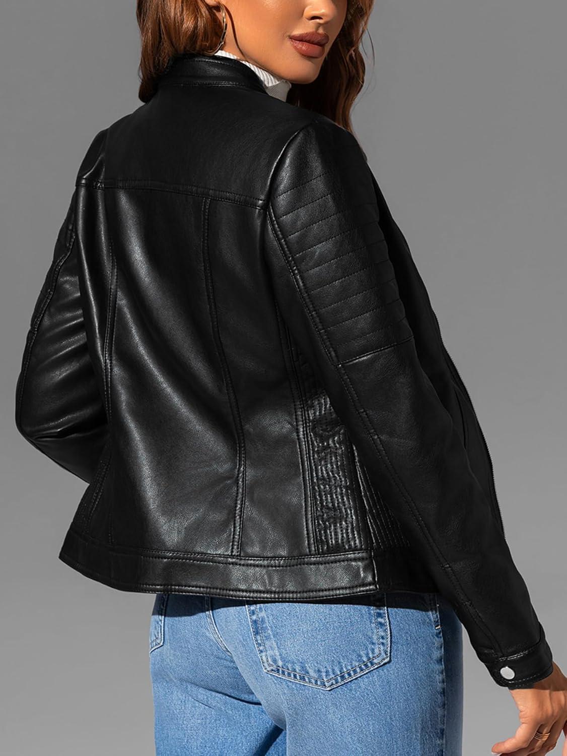 imageBellivera Faux Leather Jacket Women Motorcycle Zipper Bomber PU Bike Coat with PocketsBlack With Pocket
