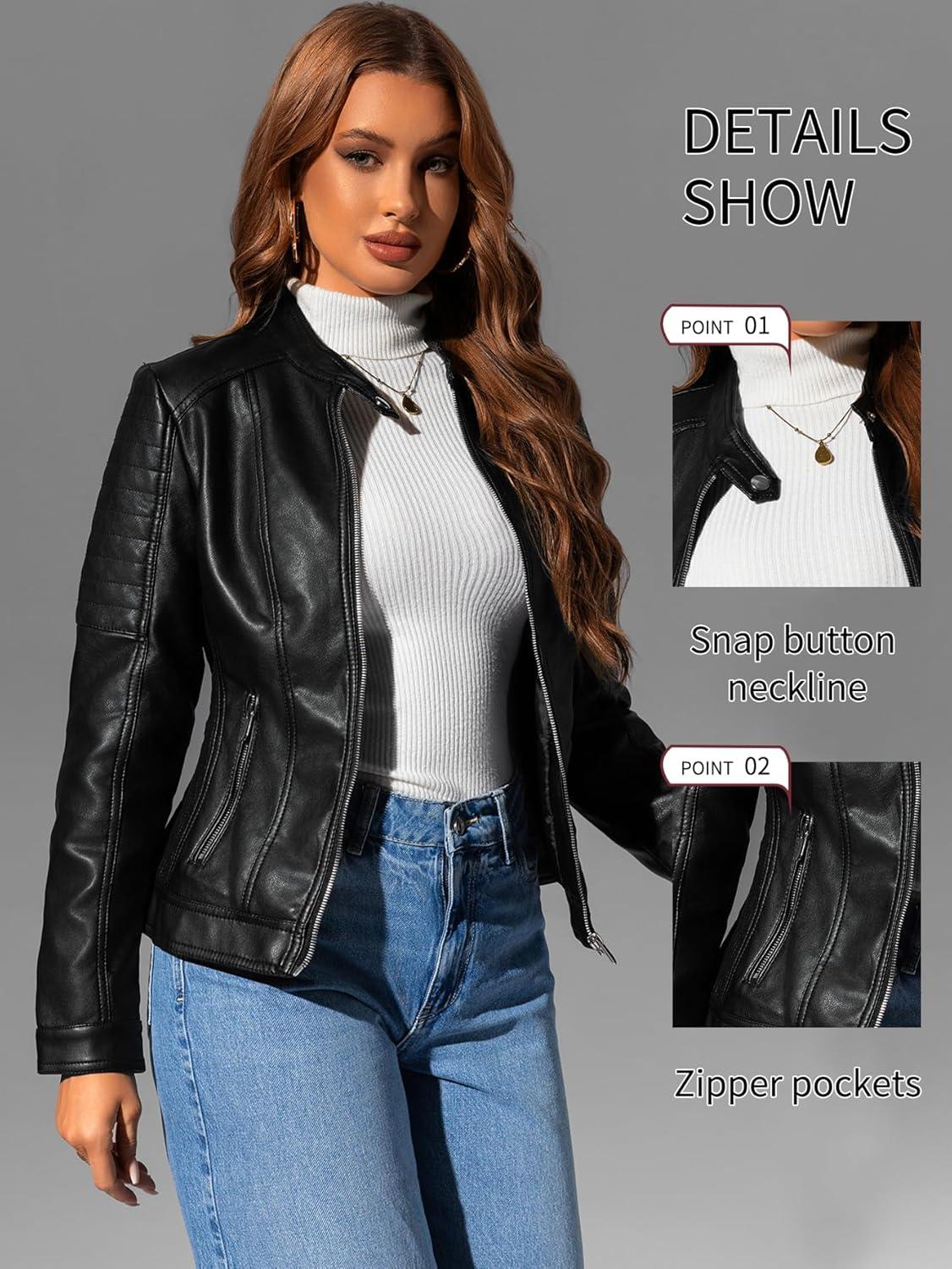 imageBellivera Faux Leather Jacket Women Motorcycle Zipper Bomber PU Bike Coat with PocketsBlack With Pocket