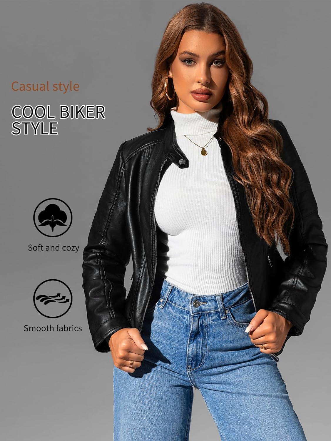 imageBellivera Faux Leather Jacket Women Motorcycle Zipper Bomber PU Bike Coat with PocketsBlack With Pocket