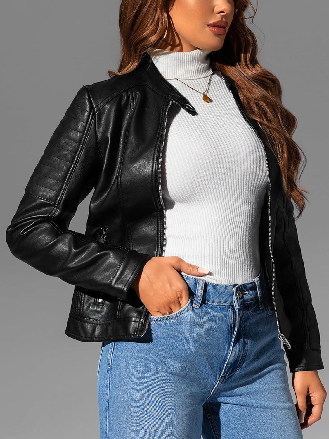 imageBellivera Faux Leather Jacket Women Motorcycle Zipper Bomber PU Bike Coat with PocketsBlack With Pocket