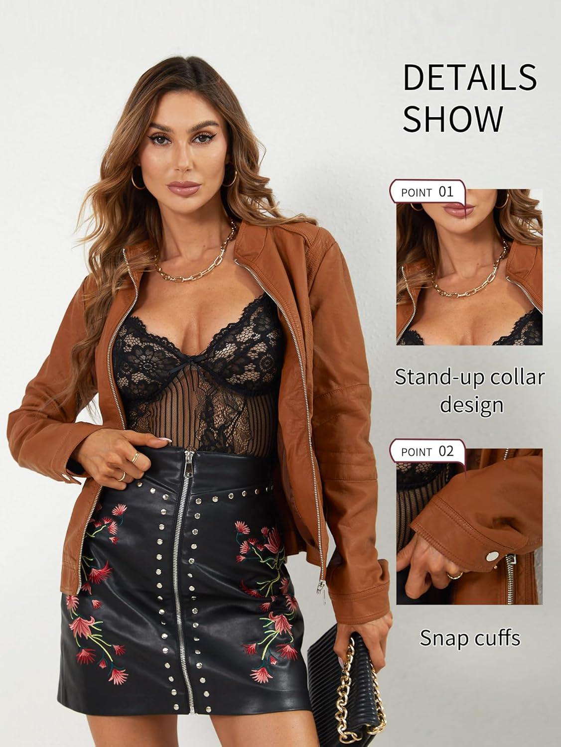 imageBellivera Faux Leather Jacket Women Motorcycle Zipper Bomber PU Bike Coat with PocketsBrown