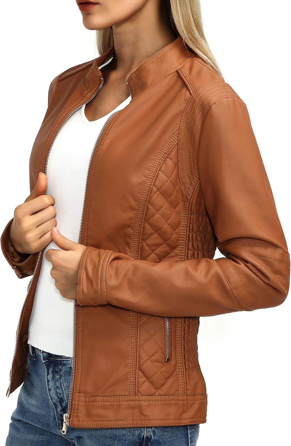 imageBellivera Faux Leather Jacket Women Motorcycle Zipper Bomber PU Bike Coat with PocketsBrown