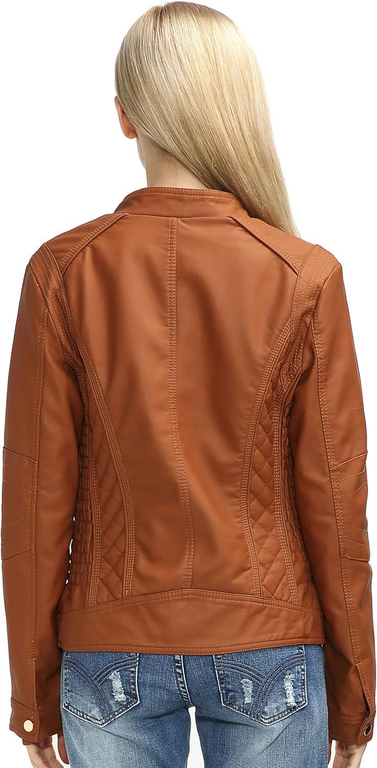 imageBellivera Faux Leather Jacket Women Motorcycle Zipper Bomber PU Bike Coat with PocketsBrown