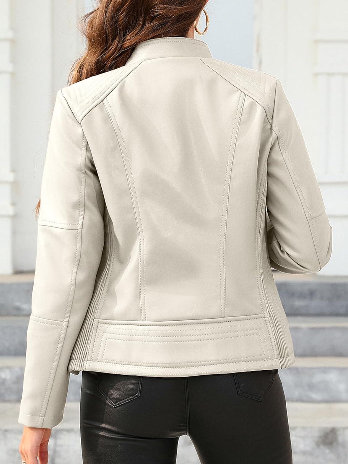 imageBellivera Faux Leather Jacket Women Motorcycle Zipper Bomber PU Bike Coat with PocketsCoal Beige
