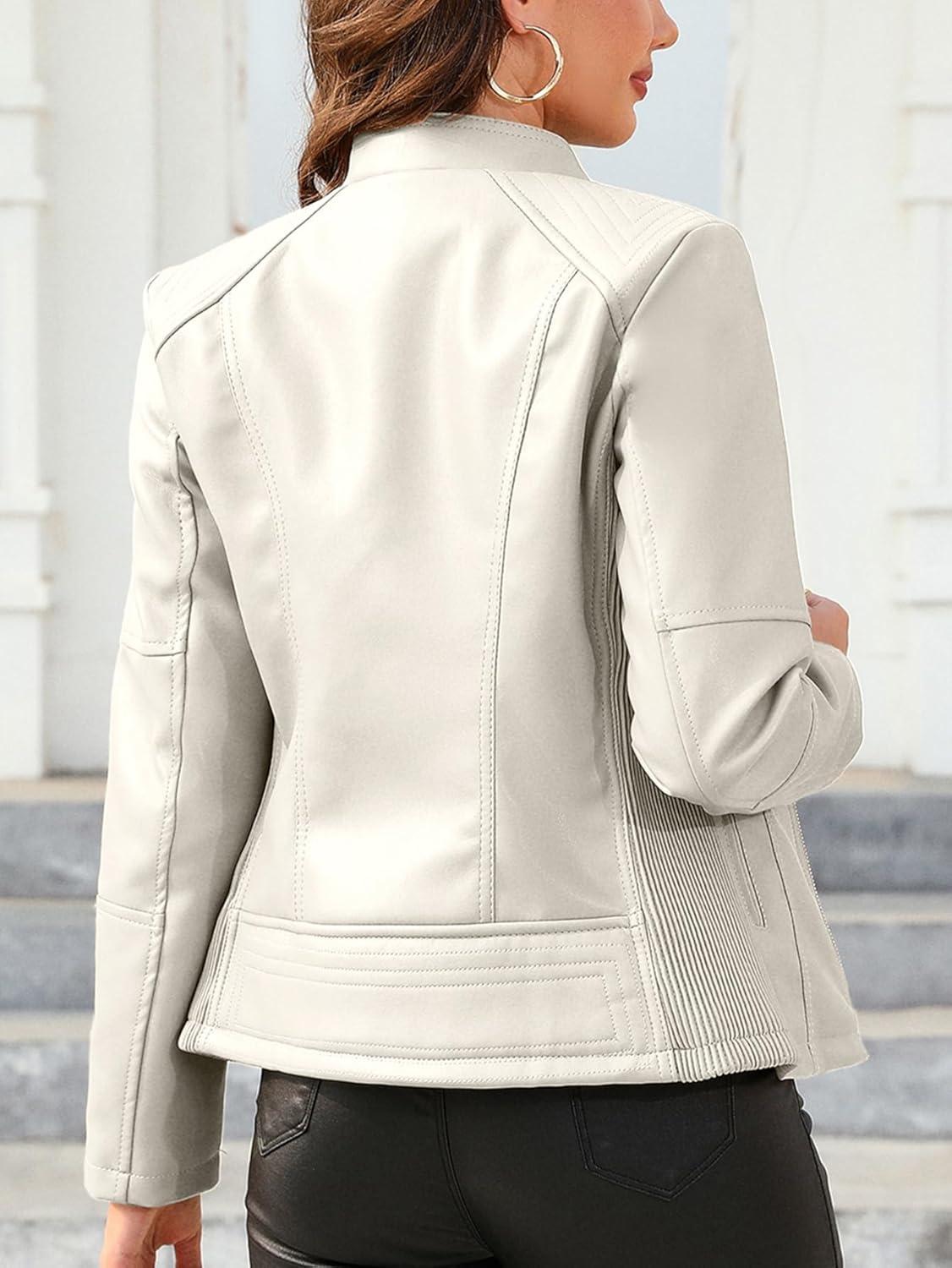 imageBellivera Faux Leather Jacket Women Motorcycle Zipper Bomber PU Bike Coat with PocketsCoal Beige