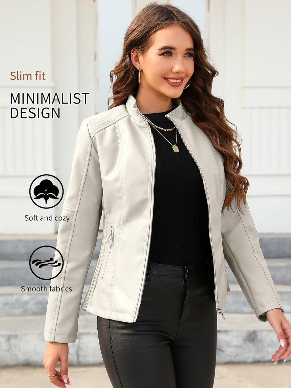 imageBellivera Faux Leather Jacket Women Motorcycle Zipper Bomber PU Bike Coat with PocketsCoal Beige