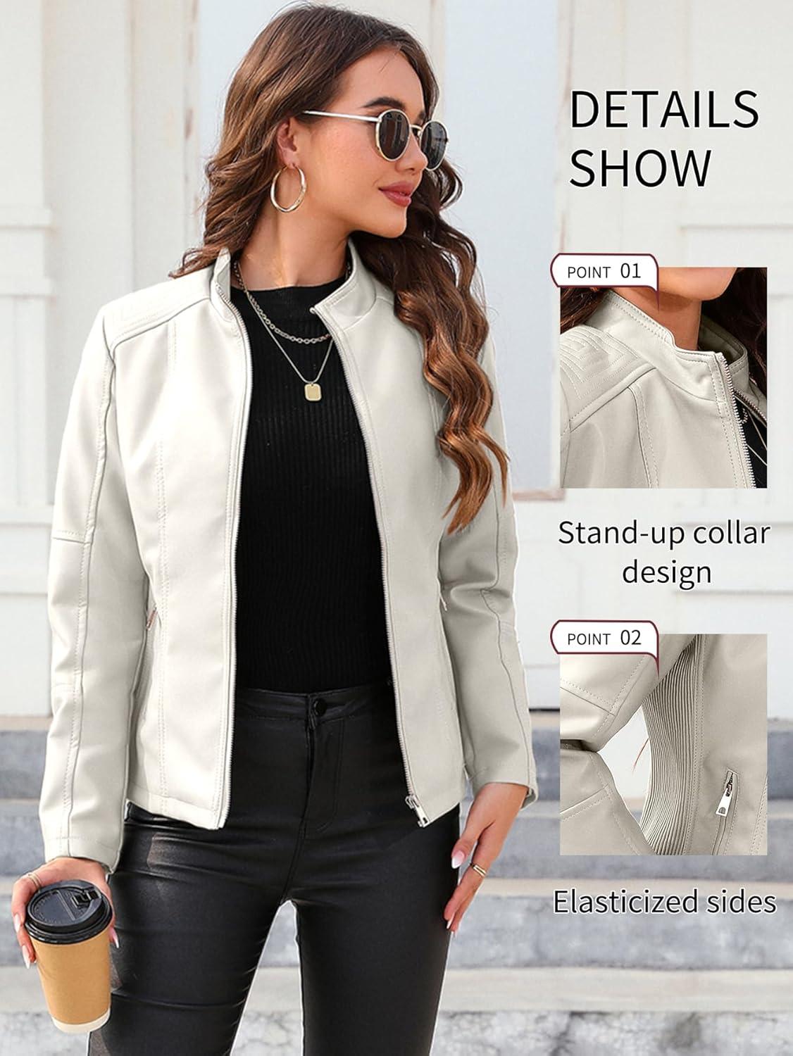 imageBellivera Faux Leather Jacket Women Motorcycle Zipper Bomber PU Bike Coat with PocketsCoal Beige