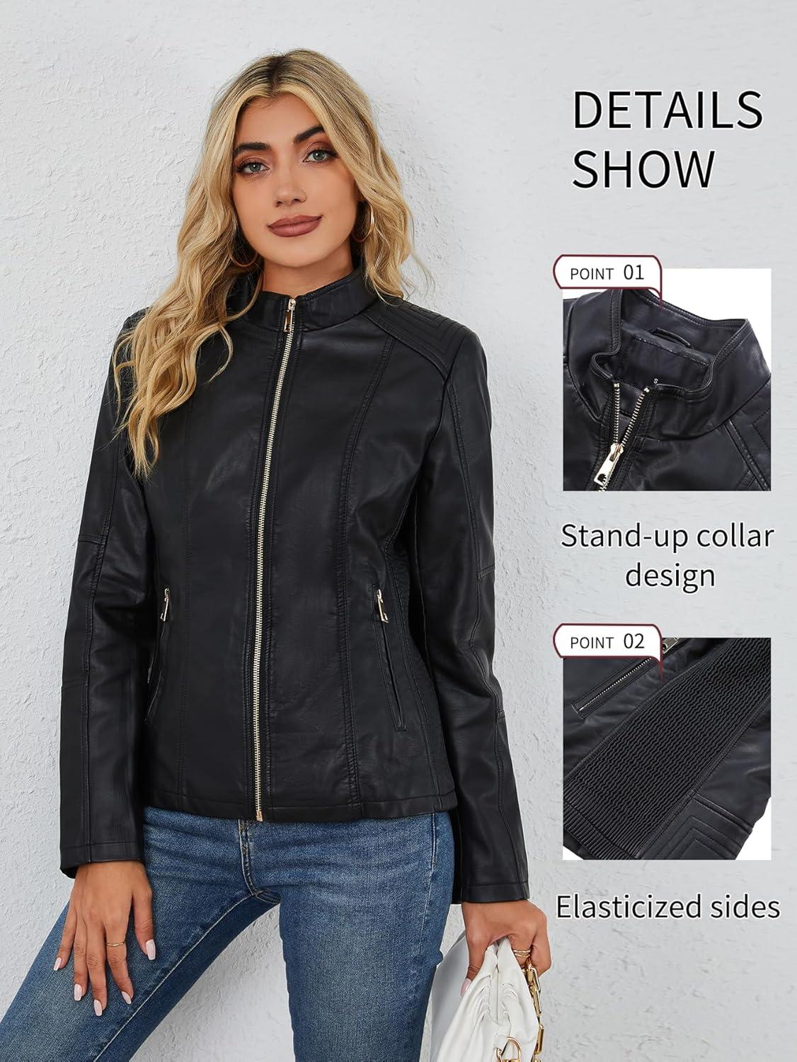 imageBellivera Faux Leather Jacket Women Motorcycle Zipper Bomber PU Bike Coat with PocketsCoal Black