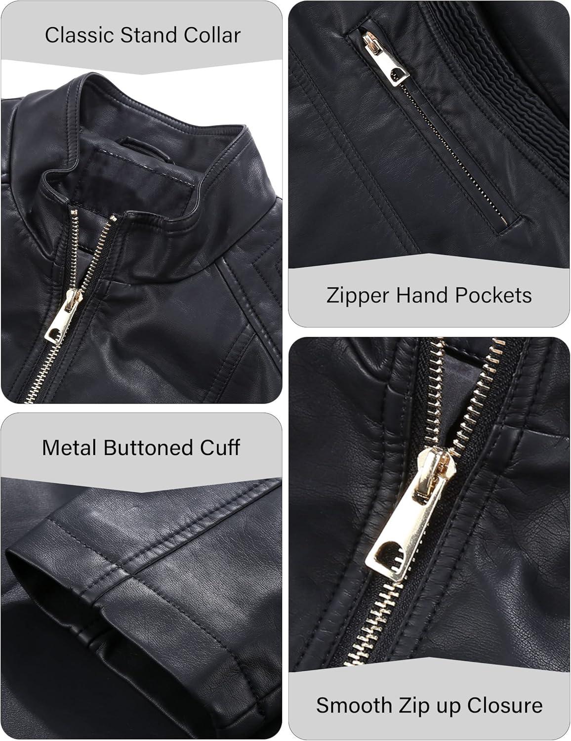imageBellivera Faux Leather Jacket Women Motorcycle Zipper Bomber PU Bike Coat with PocketsCoal Black