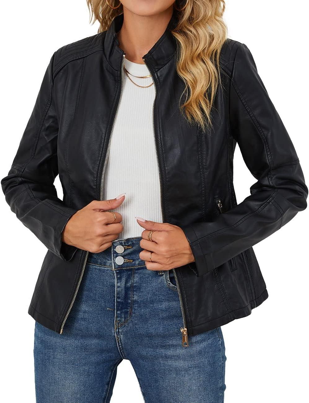imageBellivera Faux Leather Jacket Women Motorcycle Zipper Bomber PU Bike Coat with PocketsCoal Black