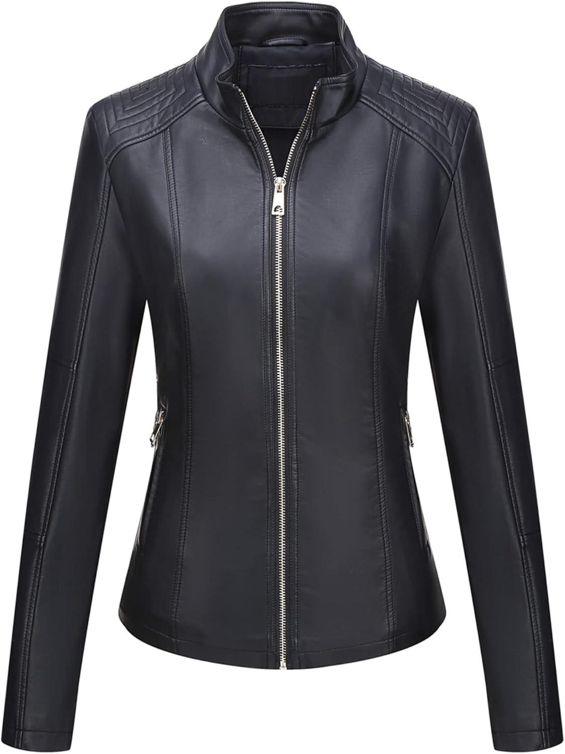imageBellivera Faux Leather Jacket Women Motorcycle Zipper Bomber PU Bike Coat with PocketsCoal Black