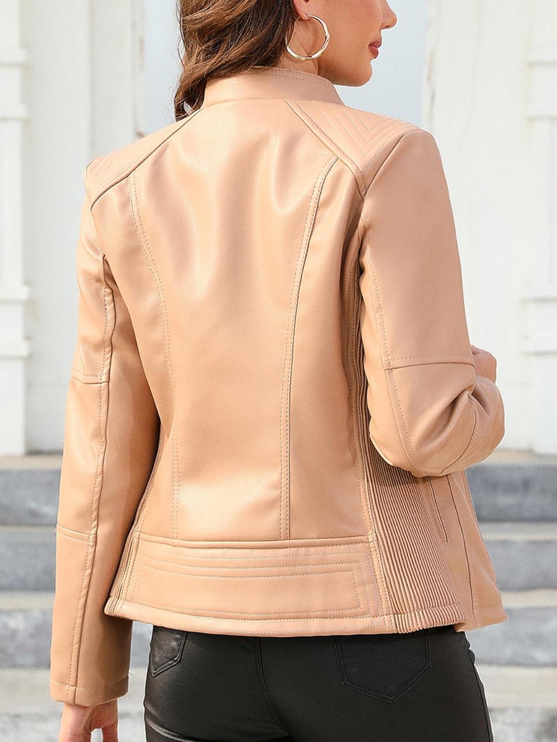 imageBellivera Faux Leather Jacket Women Motorcycle Zipper Bomber PU Bike Coat with PocketsCoal Normal Khaki