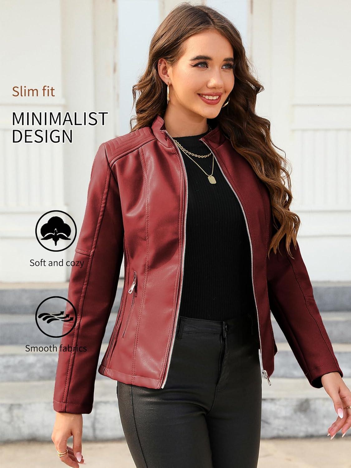 imageBellivera Faux Leather Jacket Women Motorcycle Zipper Bomber PU Bike Coat with PocketsCoal Red