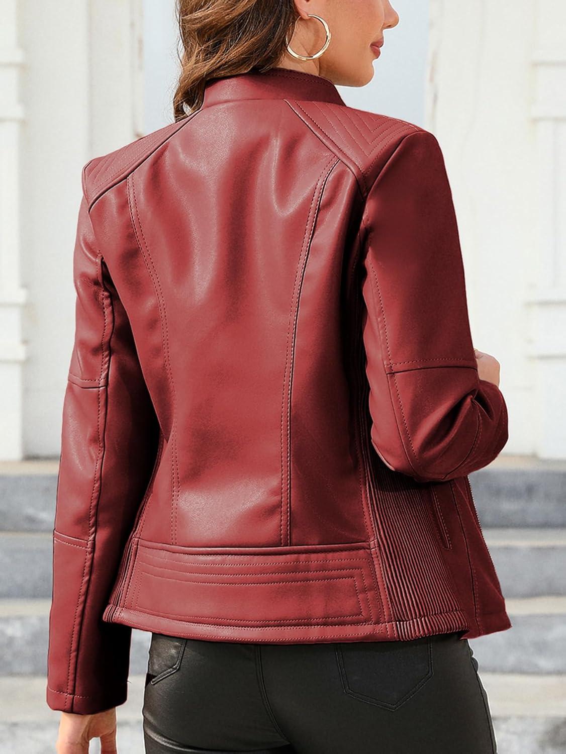 imageBellivera Faux Leather Jacket Women Motorcycle Zipper Bomber PU Bike Coat with PocketsCoal Red