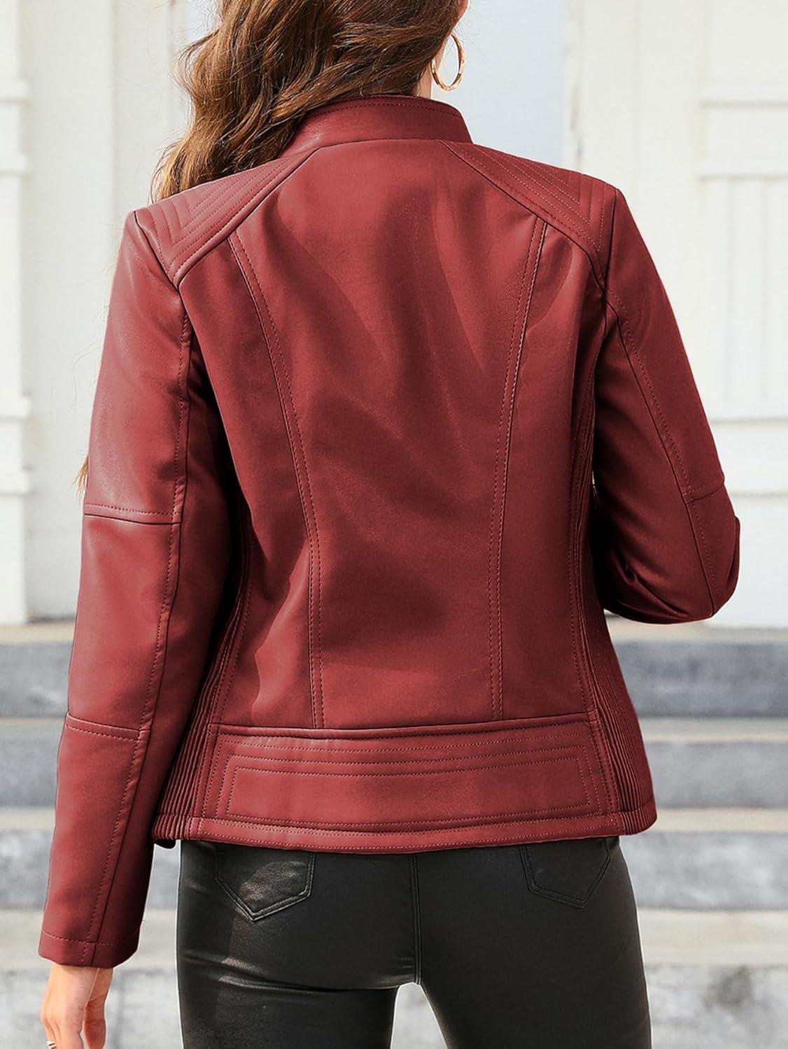 imageBellivera Faux Leather Jacket Women Motorcycle Zipper Bomber PU Bike Coat with PocketsCoal Red