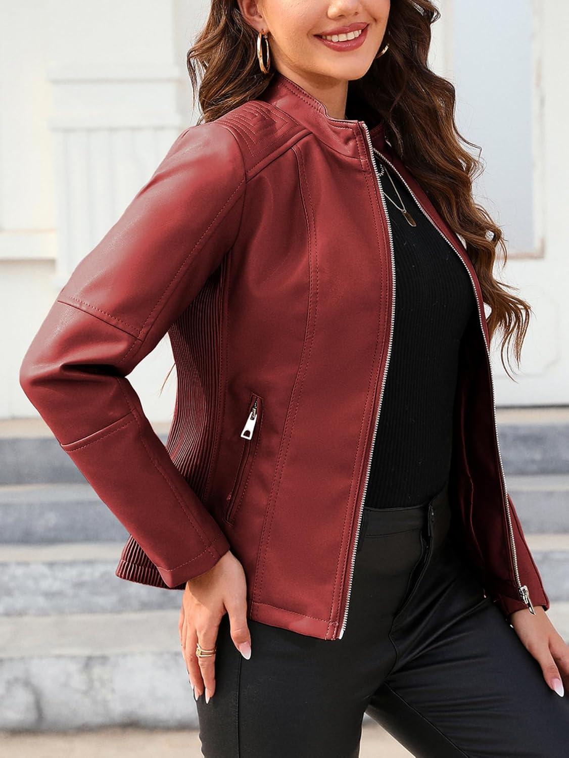 imageBellivera Faux Leather Jacket Women Motorcycle Zipper Bomber PU Bike Coat with PocketsCoal Red