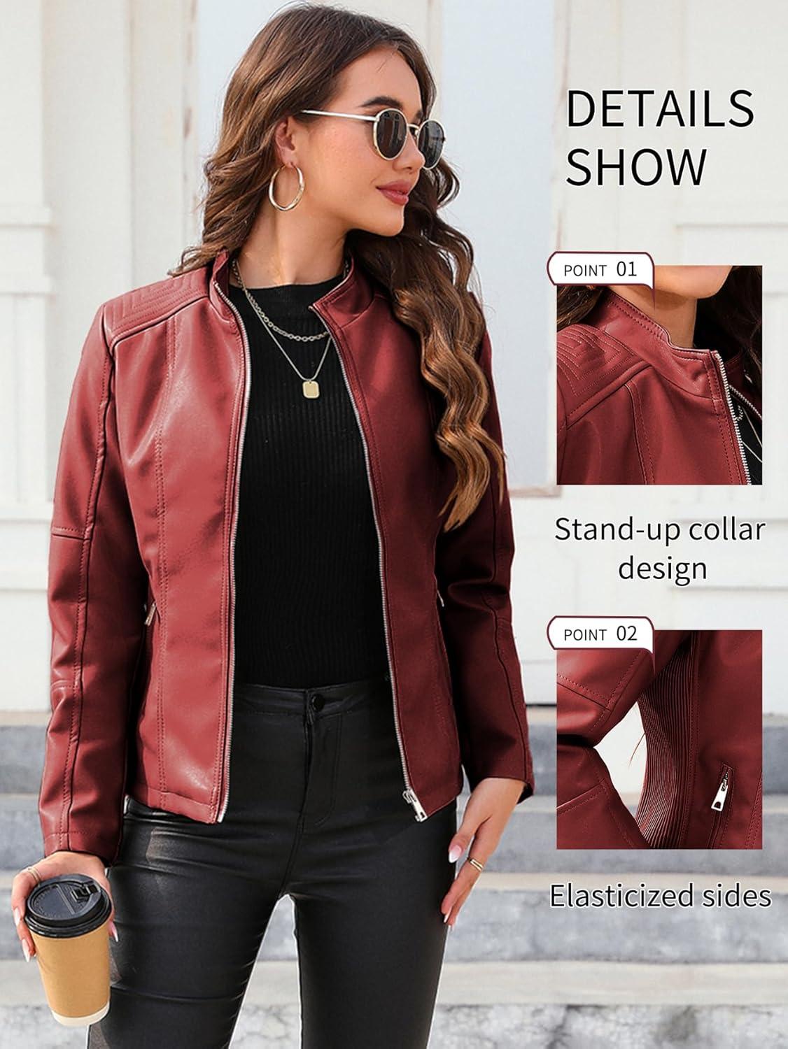 imageBellivera Faux Leather Jacket Women Motorcycle Zipper Bomber PU Bike Coat with PocketsCoal Red