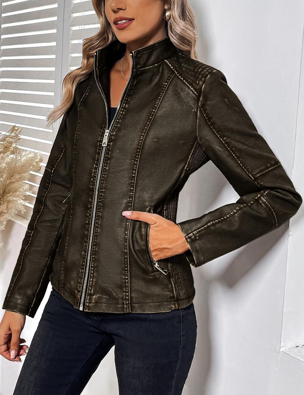imageBellivera Faux Leather Jacket Women Motorcycle Zipper Bomber PU Bike Coat with PocketsCoffee Retro