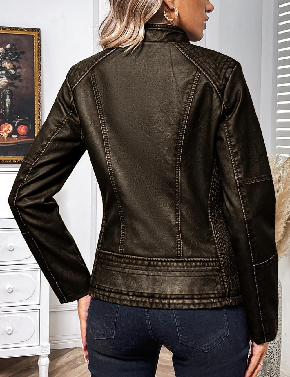 imageBellivera Faux Leather Jacket Women Motorcycle Zipper Bomber PU Bike Coat with PocketsCoffee Retro