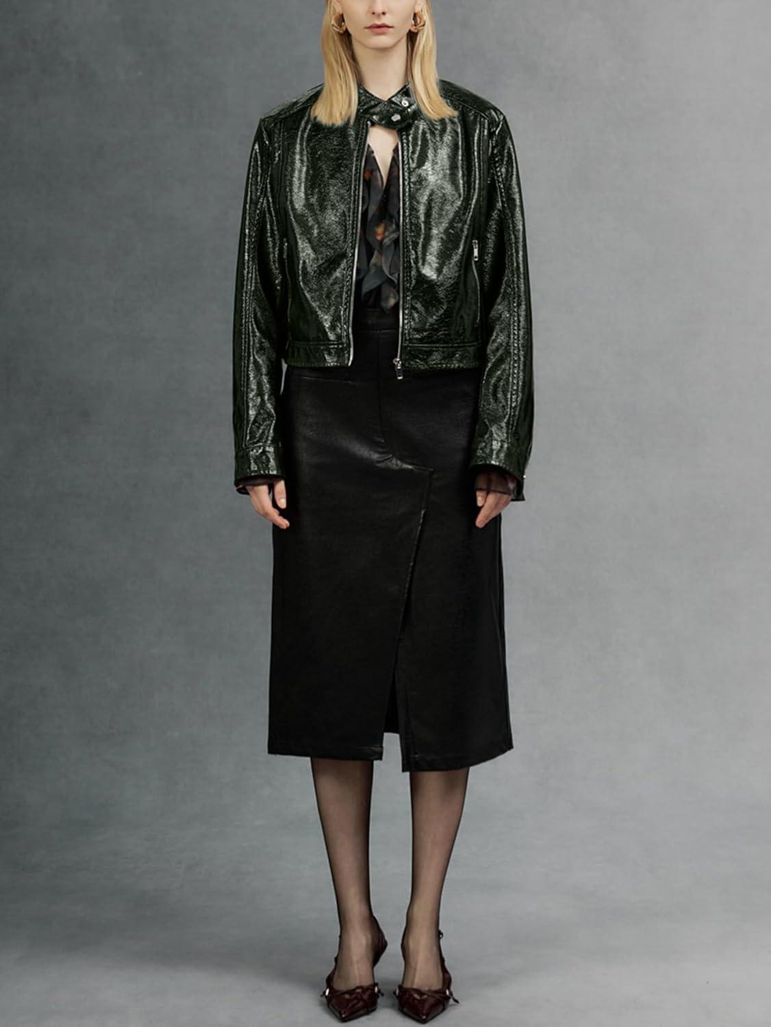imageBellivera Faux Leather Jacket Women Motorcycle Zipper Bomber PU Bike Coat with PocketsGreen Faux Leather Jacket