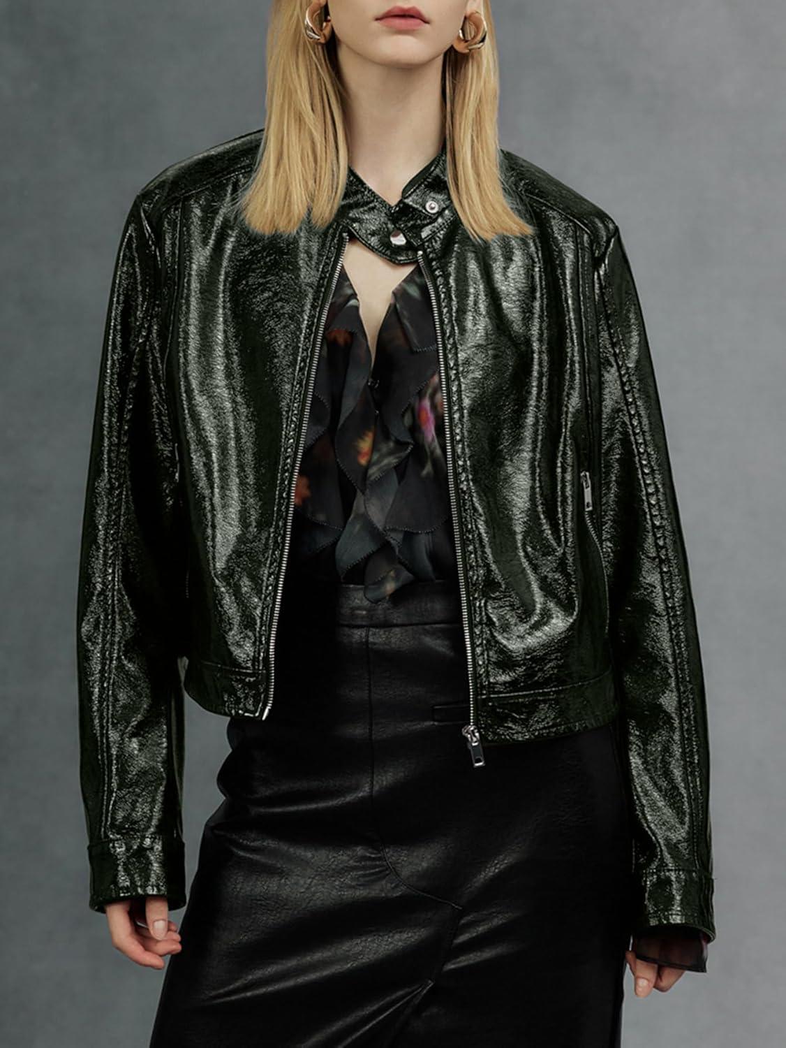 imageBellivera Faux Leather Jacket Women Motorcycle Zipper Bomber PU Bike Coat with PocketsGreen Faux Leather Jacket