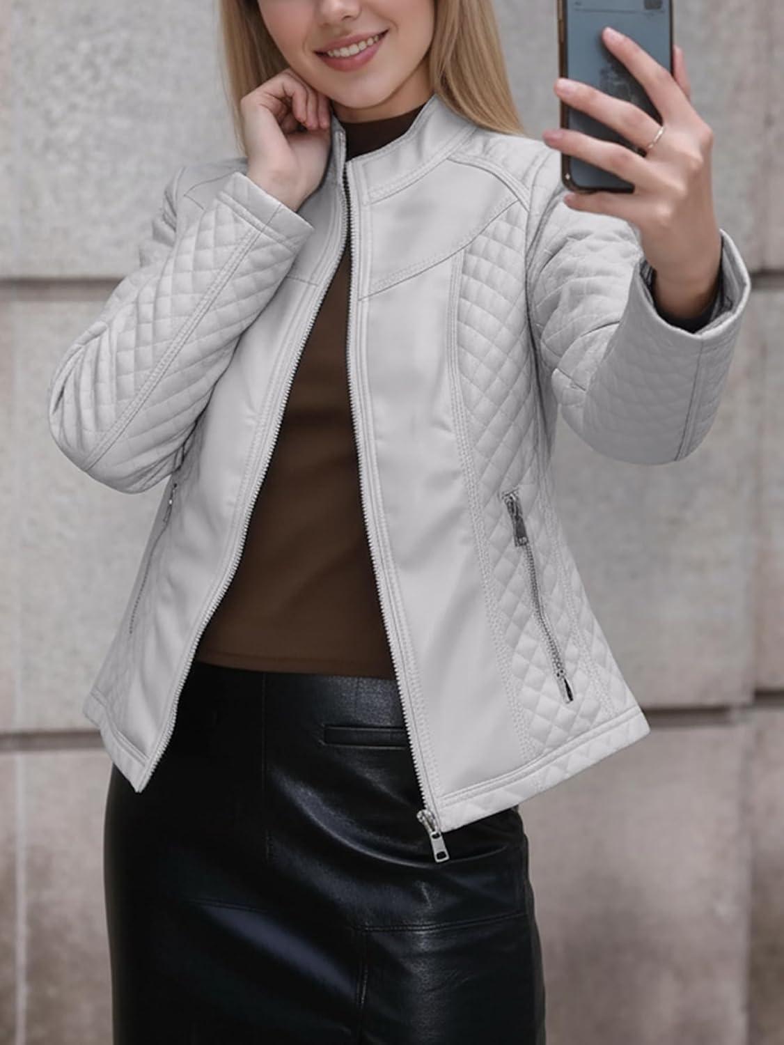 imageBellivera Faux Leather Jacket Women Motorcycle Zipper Bomber PU Bike Coat with PocketsGrey Casual Jacket