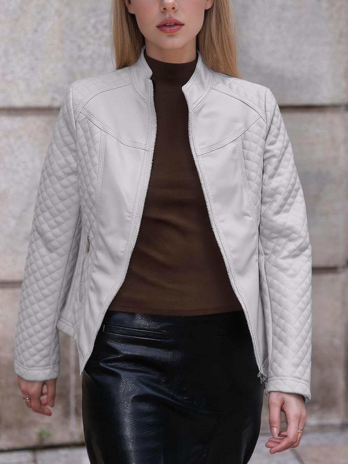 imageBellivera Faux Leather Jacket Women Motorcycle Zipper Bomber PU Bike Coat with PocketsGrey Casual Jacket